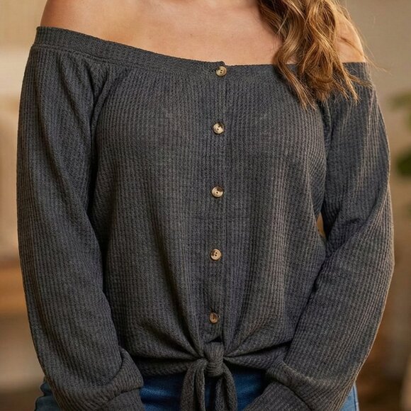 VEVERET Gray Off-Shoulder, Button Tie-Front, Long Sleeve, Waffle knit Size 2X - Picture 1 of 11